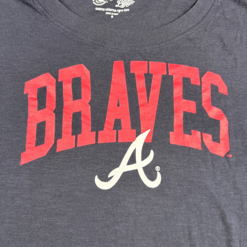Campus Lifestyle MLB Atlanta Braves Navy Blue Tie Front Graphic T-Shirt Womens M - Picture 5 of 7